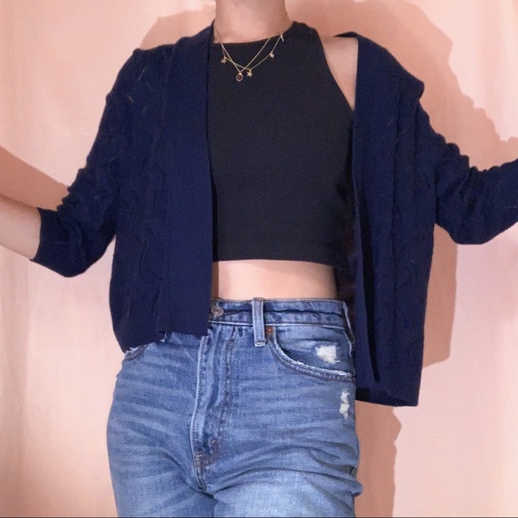 NAVY BLUE KNIT CROPPED CARDIGAN - Picture 3 of 4